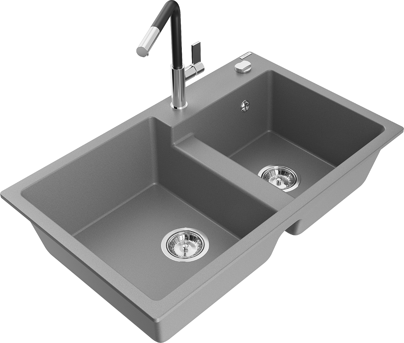 Mexen Tomas 2-compartment granite sink with a kitchen mixer tap Flora, Grey - 6516-71-670401-07