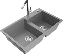 Mexen Tomas granite kitchen sink 2-bowl with Flora faucet, gray - 6516-71-670401-07