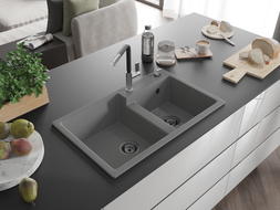Mexen Tomas granite double-bowl kitchen sink with Flora faucet, gray - 6516-71-670401-07-B
