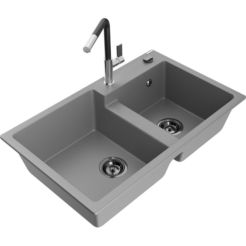 Mexen Tomas 2-bowl granite sink with Flora kitchen faucet, gray - 6516-71-670401-07-B
