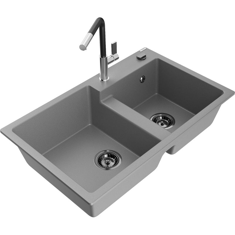 Mexen Tomas 2-compartment granite sink with a kitchen mixer tap Flora, Grey - 6516-71-670401-07-B