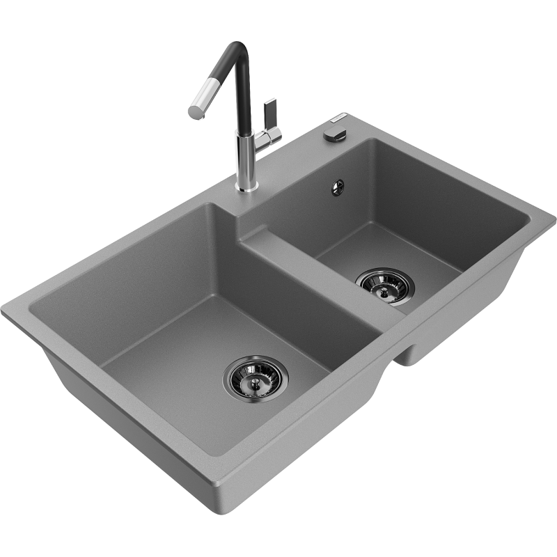 Mexen Tomas granite sink 2-chamber with Flora kitchen tap, grey - 6516-71-670401-07-B