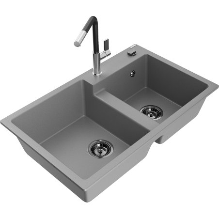 Mexen Tomas granite double-bowl kitchen sink with Flora faucet, gray - 6516-71-670401-07-B