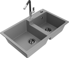 Mexen Tomas 2-bowl granite sink with Flora kitchen faucet, gray - 6516-71-670401-07-B