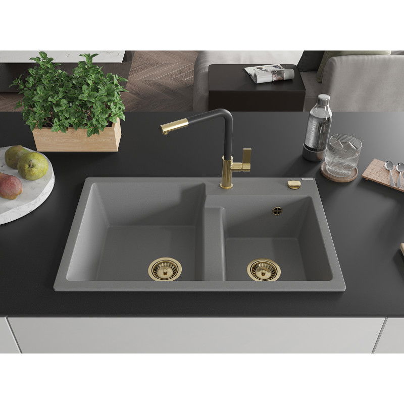 Mexen Tomas granite sink 2-bowl with Flora kitchen tap, grey - 6516-71-670401-57-G