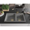Mexen Tomas 2-bowl granite sink with Flora kitchen faucet, gray - 6516-71-670401-57-G
