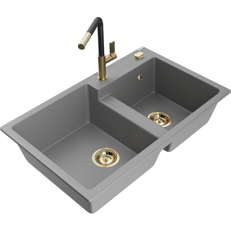 Mexen Tomas 2-compartment granite sink with a kitchen mixer tap Flora, Grey - 6516-71-670401-57-G