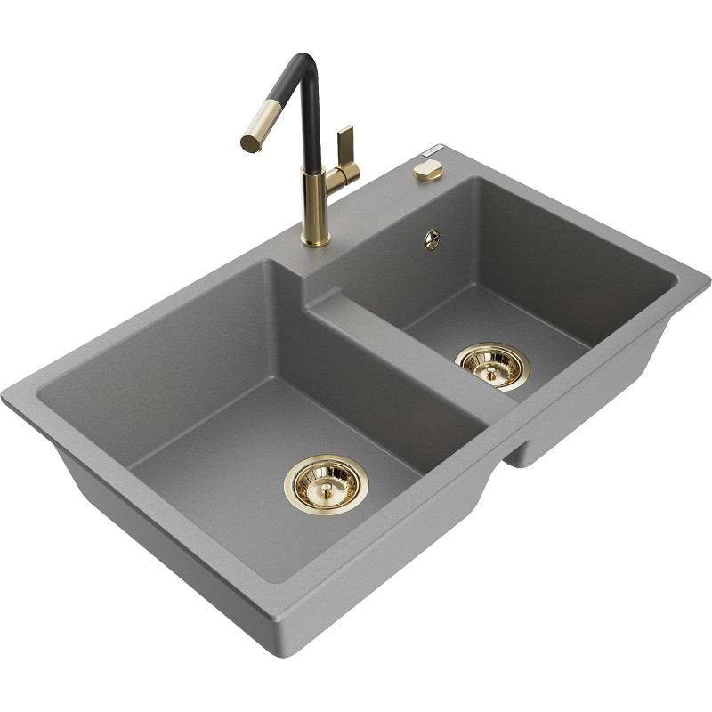 Mexen Tomas granite kitchen sink 2-chamber with Flora kitchen faucet, gray - 6516-71-670401-57-G