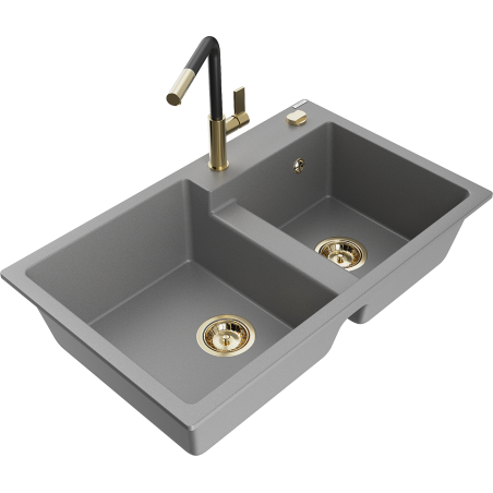Mexen Tomas 2-bowl granite sink with Flora kitchen faucet, gray - 6516-71-670401-57-G