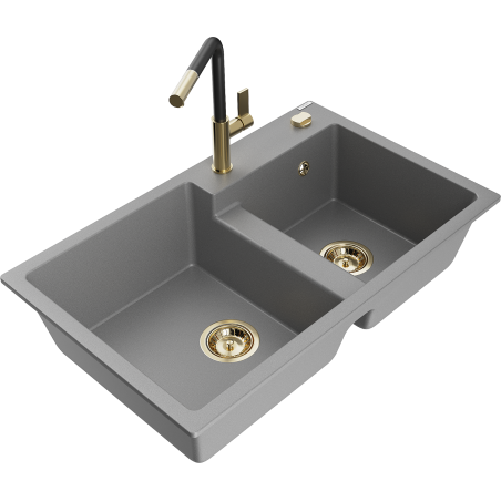 Mexen Tomas granite kitchen sink 2-chamber with Flora kitchen faucet, gray - 6516-71-670401-57-G