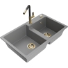 Mexen Tomas 2-bowl granite sink with Flora kitchen faucet, gray - 6516-71-670401-57-G
