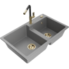 Mexen Tomas 2-compartment granite sink with a kitchen mixer tap Flora, Grey - 6516-71-670401-57-G
