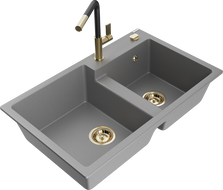 Mexen Tomas granite kitchen sink 2-chamber with Flora kitchen faucet, gray - 6516-71-670401-57-G