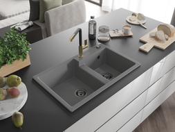 Mexen Tomas granite double sink with Flora kitchen faucet, gray - 6516-71-670401-57-B