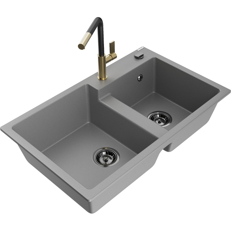 Mexen Tomas granite double-bowl kitchen sink with Flora faucet, gray - 6516-71-670401-57-B