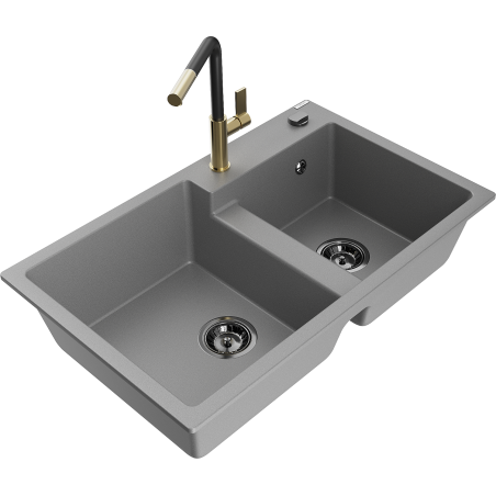 Mexen Tomas 2-compartment granite sink with a kitchen mixer tap Flora, Grey - 6516-71-670401-57-B