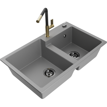 Mexen Tomas granite kitchen sink 2-bowl with Flora kitchen tap, grey - 6516-71-670401-57-B