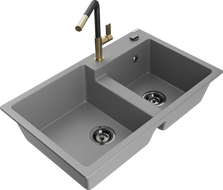 Mexen Tomas granite double-bowl kitchen sink with Flora faucet, gray - 6516-71-670401-57-B