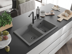 Mexen Tomas 2-bowl granite kitchen sink with Flora faucet, gray - 6516-71-670401-70-B