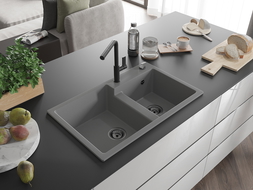 Mexen Tomas 2-compartment granite sink with a kitchen mixer tap Flora, Grey - 6516-71-670401-70-B