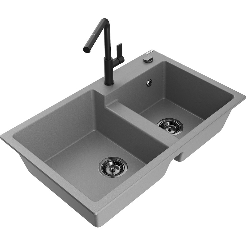 Mexen Tomas 2-chamber granite kitchen sink with Flora faucet, gray - 6516-71-670401-70-B