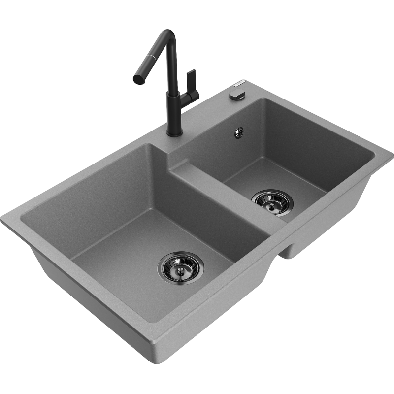 Mexen Tomas granite sink 2-bowl with Flora kitchen tap, grey - 6516-71-670401-70-B