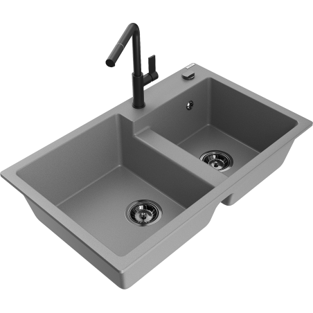 Mexen Tomas granite sink 2-bowl with Flora kitchen tap, grey - 6516-71-670401-70-B