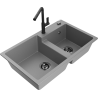 Mexen Tomas granite sink 2-bowl with Flora kitchen tap, grey - 6516-71-670401-70-B