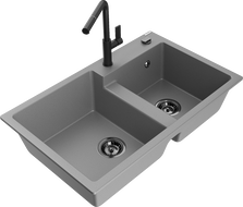 Mexen Tomas 2-chamber granite kitchen sink with Flora faucet, gray - 6516-71-670401-70-B