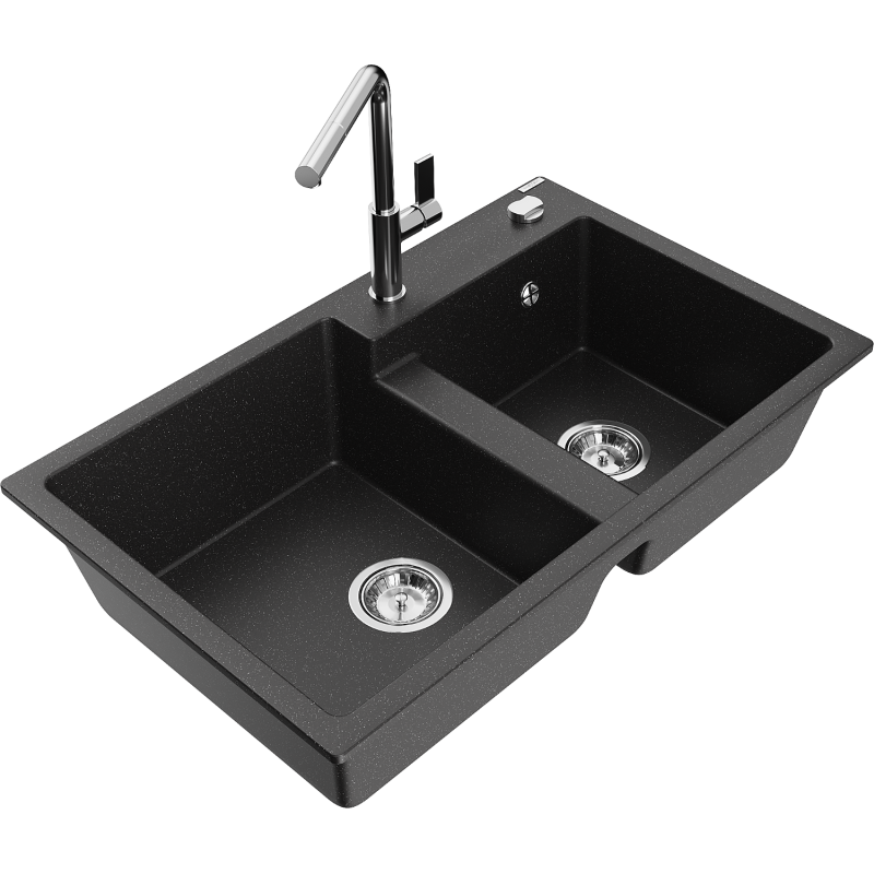 Mexen Tomas 2-compartment granite sink with a kitchen mixer tap Flora, Black/Silver metallic - 6516-73-670401-00