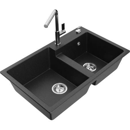Mexen Tomas 2-Bowl Granite Sink with Flora Kitchen Faucet, Black/Silver Metallic - 6516-73-670401-00