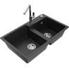 Mexen Tomas granite sink, 2-compartment, with Flora kitchen faucet, black/silver metallic - 6516-73-670401-00