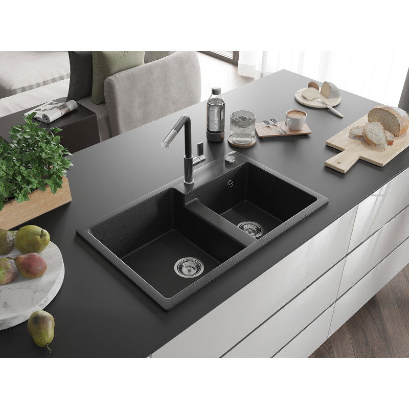 Mexen Tomas granite kitchen sink 2-bowl with Flora kitchen tap, black/silver metallic - 6516-73-670401-07
