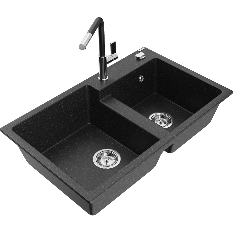 Mexen Tomas 2-compartment granite sink with a kitchen mixer tap Flora, Black/Silver metallic - 6516-73-670401-07