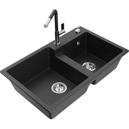 Mexen Tomas granite double-bowl kitchen sink with Flora faucet, black/silver metallic - 6516-73-670401-07