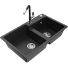 Mexen Tomas granite double-bowl kitchen sink with Flora faucet, black/silver metallic - 6516-73-670401-07