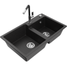 Mexen Tomas granite double-bowl kitchen sink with Flora kitchen faucet, black/silver metallic - 6516-73-670401-07
