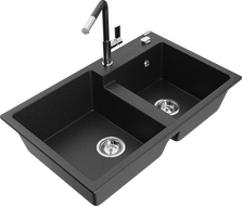 Mexen Tomas granite double-bowl kitchen sink with Flora kitchen faucet, black/silver metallic - 6516-73-670401-07