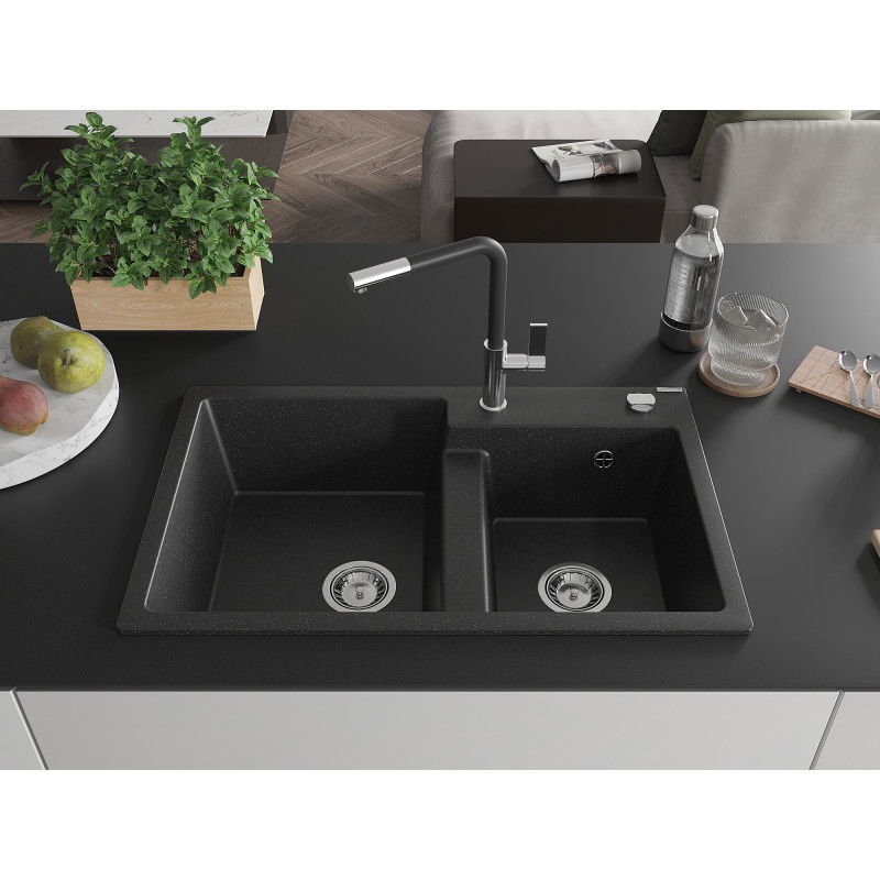 Mexen Tomas granite kitchen sink 2-bowl with Flora kitchen tap, black/silver metallic - 6516-73-670401-07