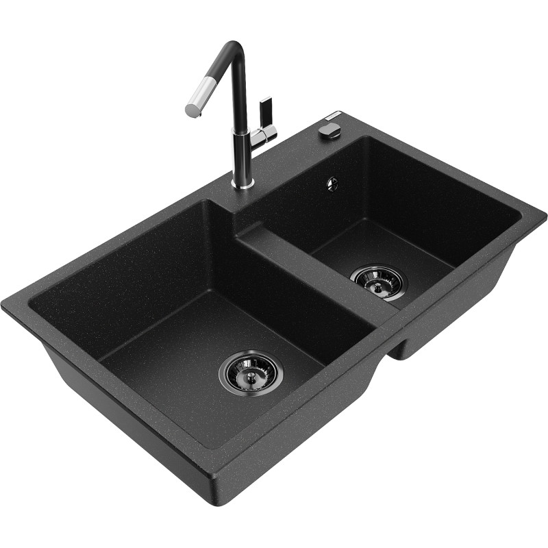 Mexen Tomas granite 2-bowl kitchen sink with Flora kitchen faucet, black/silver metallic - 6516-73-670401-07-B