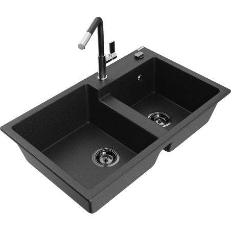 Mexen Tomas granite 2-bowl kitchen sink with Flora kitchen faucet, black/silver metallic - 6516-73-670401-07-B