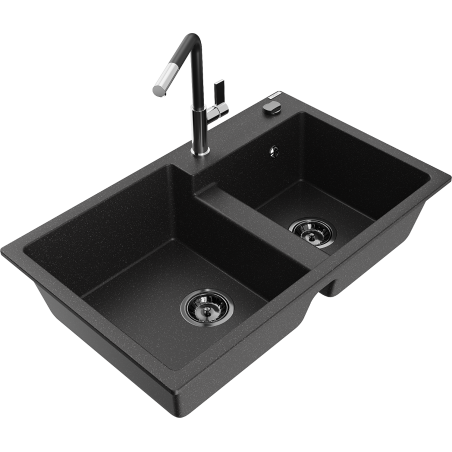 Mexen Tomas granite double-bowl sink with Flora kitchen faucet, black/silver metallic - 6516-73-670401-07-B