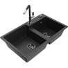 Mexen Tomas granite double-bowl sink with Flora kitchen faucet, black/silver metallic - 6516-73-670401-07-B