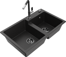 Mexen Tomas granite 2-bowl kitchen sink with Flora kitchen faucet, black/silver metallic - 6516-73-670401-07-B
