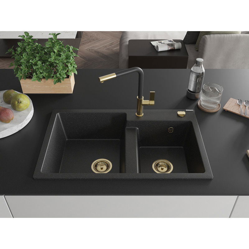 Mexen Tomas granite sink 2-bowl with Flora kitchen tap, black/silver metallic - 6516-73-670401-57-G
