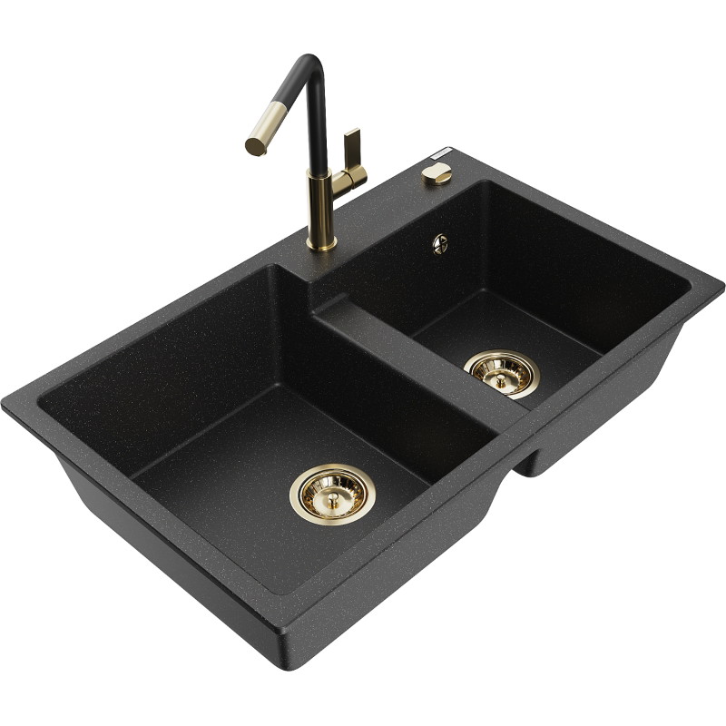 Mexen Tomas 2-chamber granite sink with Flora kitchen faucet, black/silver metallic - 6516-73-670401-57-G