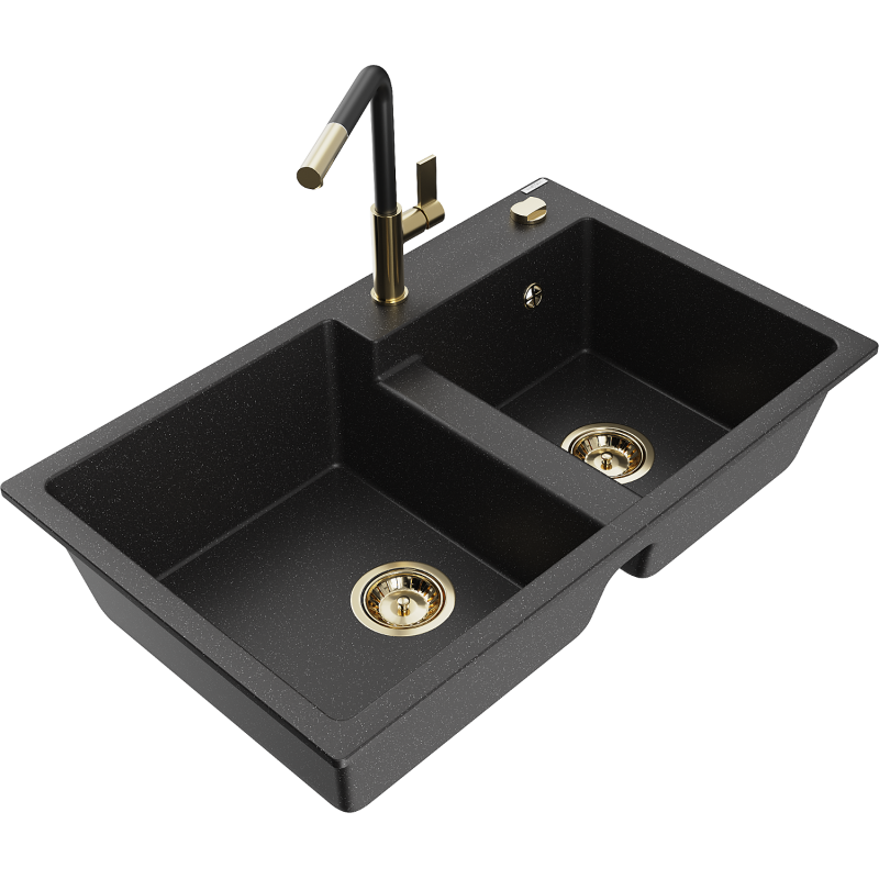 Mexen Tomas 2-compartment granite sink with a kitchen mixer tap Flora, Black/Silver metallic - 6516-73-670401-57-G