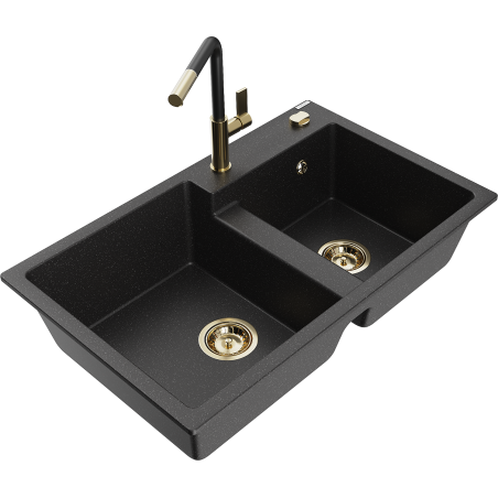 Mexen Tomas 2-chamber granite sink with Flora kitchen faucet, black/silver metallic - 6516-73-670401-57-G