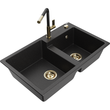 Mexen Tomas granite double-bowl sink with Flora kitchen faucet, black/silver metallic - 6516-73-670401-57-G