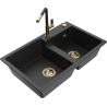 Mexen Tomas 2-chamber granite sink with Flora kitchen faucet, black/silver metallic - 6516-73-670401-57-G